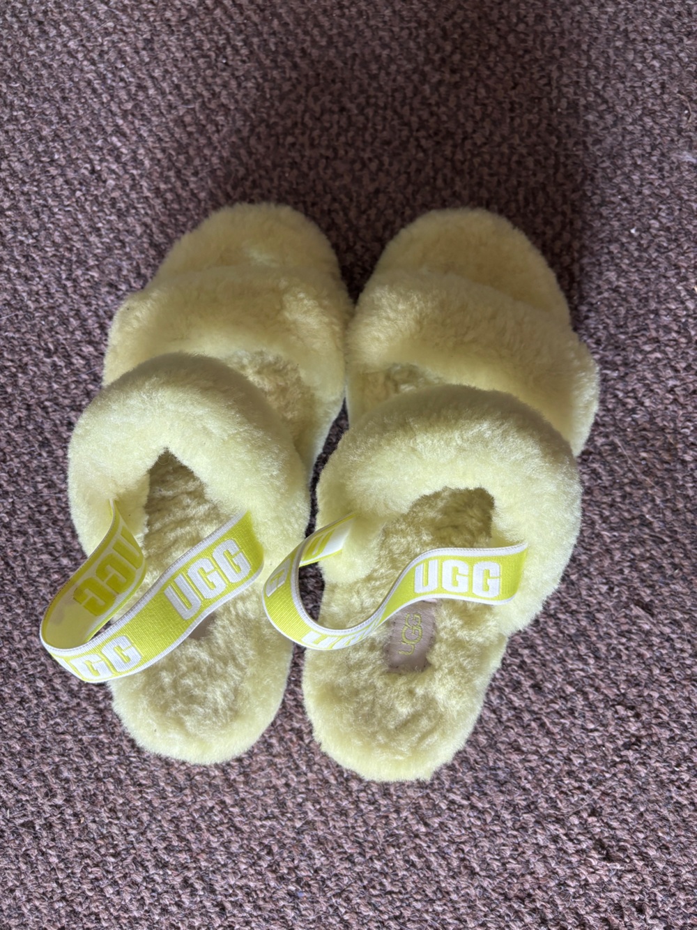 UGG Women's Pale Yellow Fluffy Slide Sandals with Branded Elastic Strap